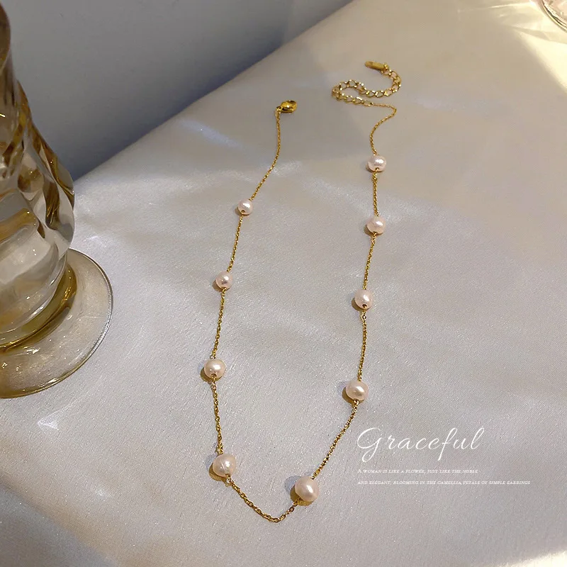 Pure gold electroplating korea simple fresh water pearl clavicle chain necklace