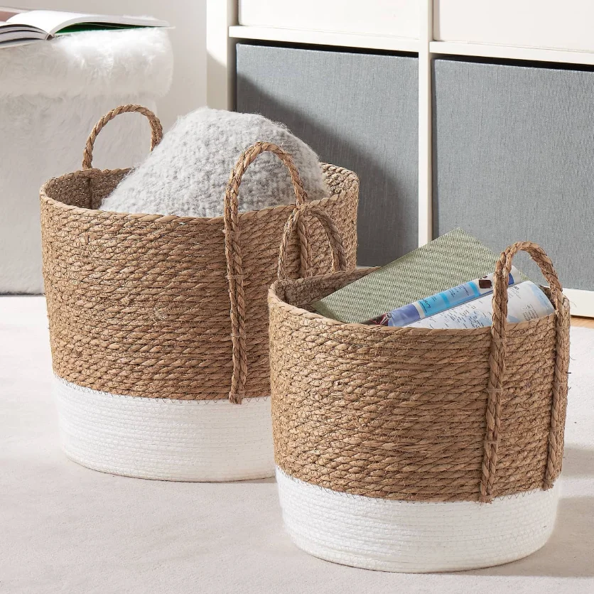 Handmade Woven Storage Basket Folding Clothes Laundry Basket Straw Rattan Seagrass Garden Flower Pot Plant cotton Rope Basket