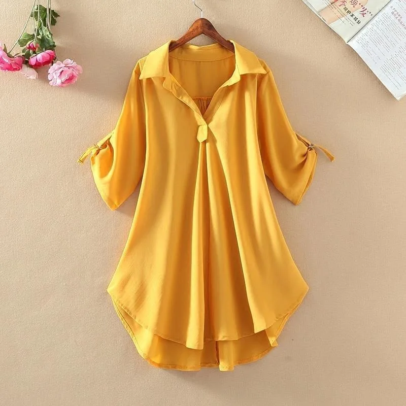 Custom Soft Chiffon Blouse Fabric Woman Dresses Large Size Loose Waist Slimming Elegant Turtleneck Chiffon Blouse Crinkle Shirt