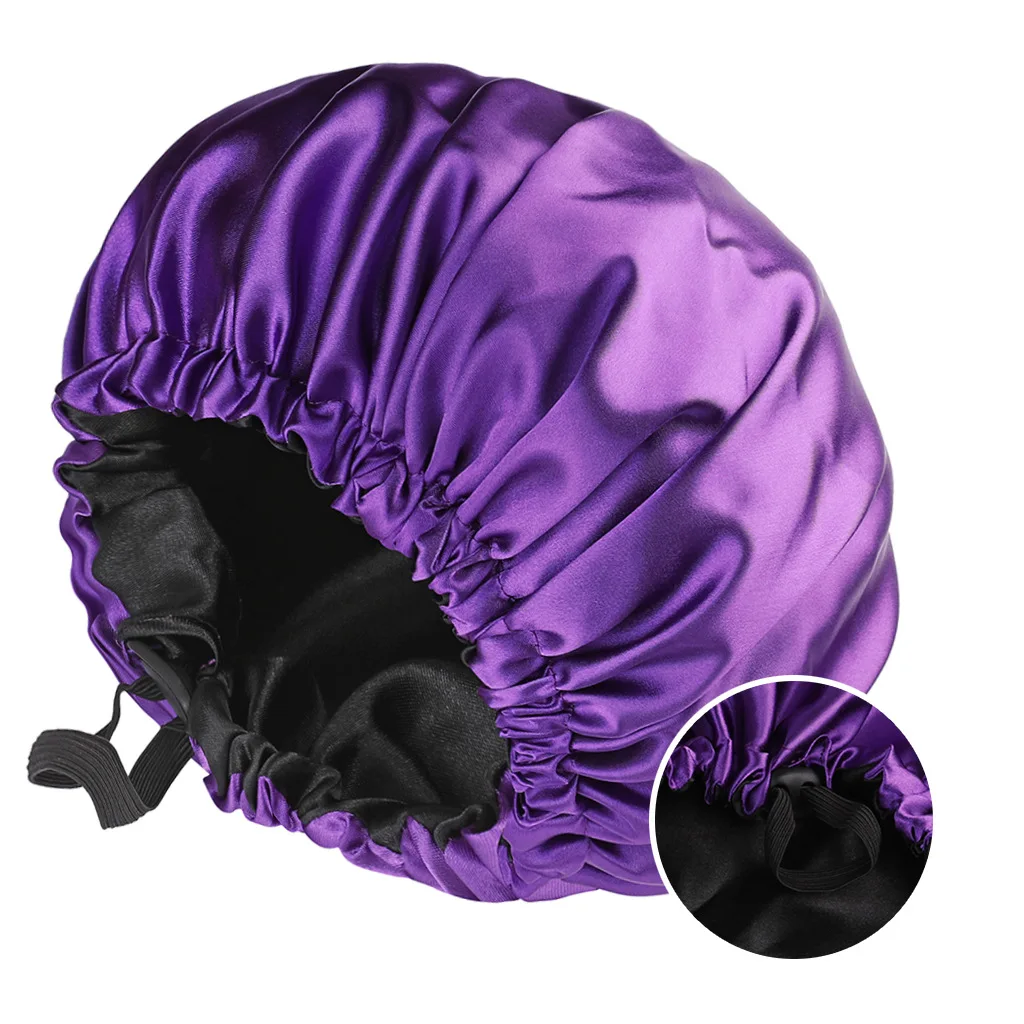 2024 New Reversible Sateen Sleeping Hat Women Fashion Elastic Hairdressing Cap Adjustable Buttons Solid Color Satin Shower Cap