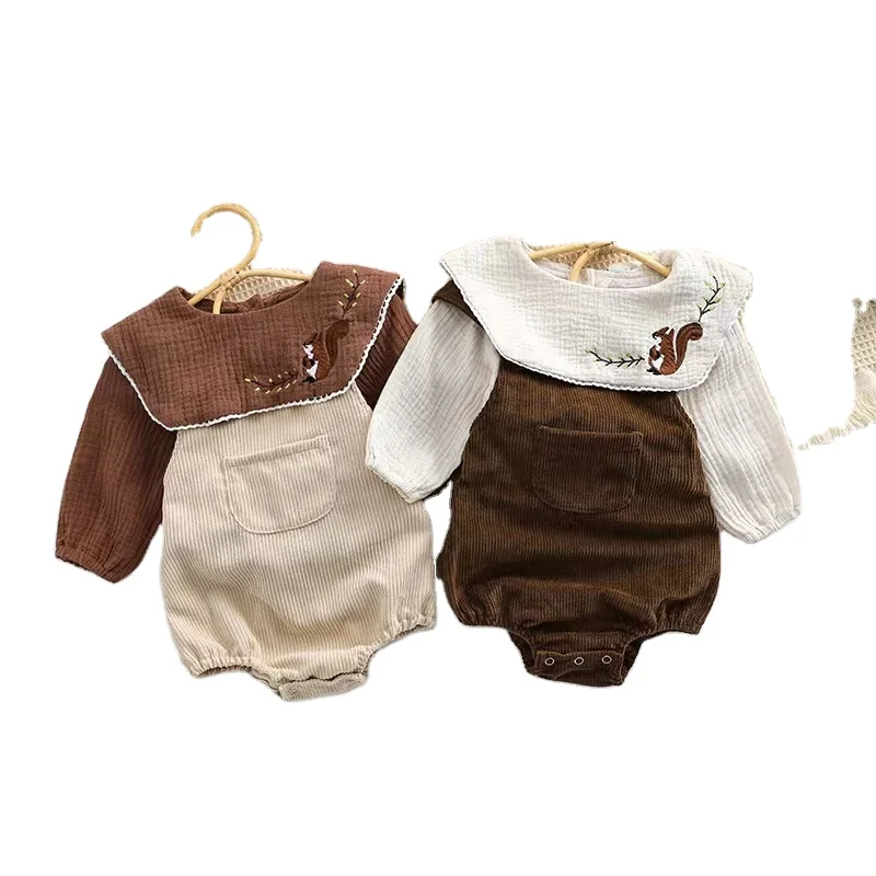 Australia US Baby Shirts Muslin Fox Embroidery Turn-down Collar Tops Corduroy Overalls Front Pocket Infant Jumpsuits