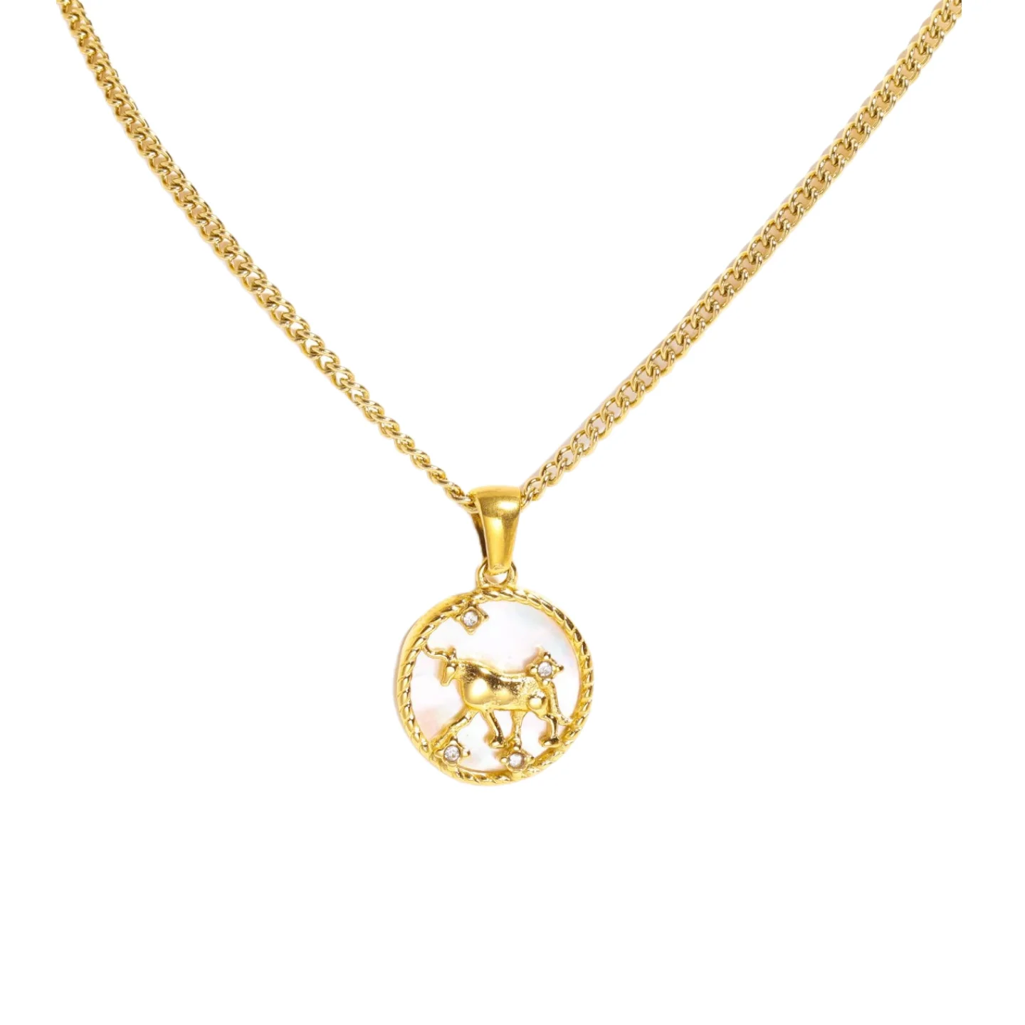 Gold Plated shell 12 Constellations Zodiac Pendant High Quality Stainless Steel Zircon Pearl Jewelry Coin Charm Necklace