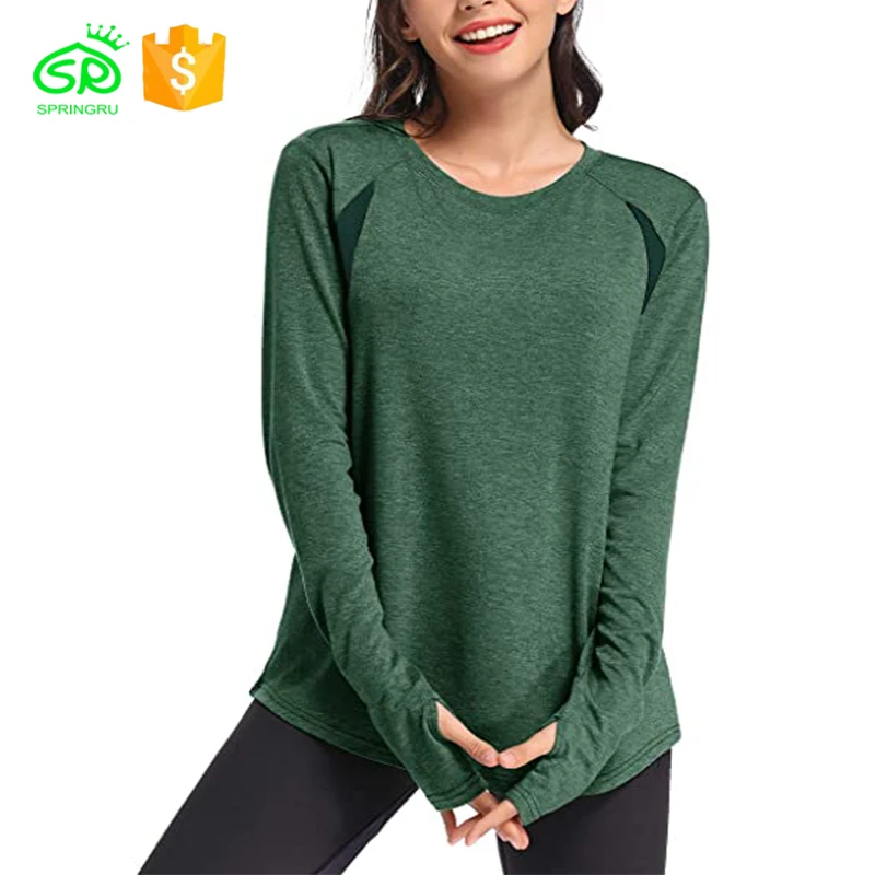 Wholesale Custom Plain Thumb Hole 100%Cotton O-Neck Yoga Long Sleeve Women T-Shirt