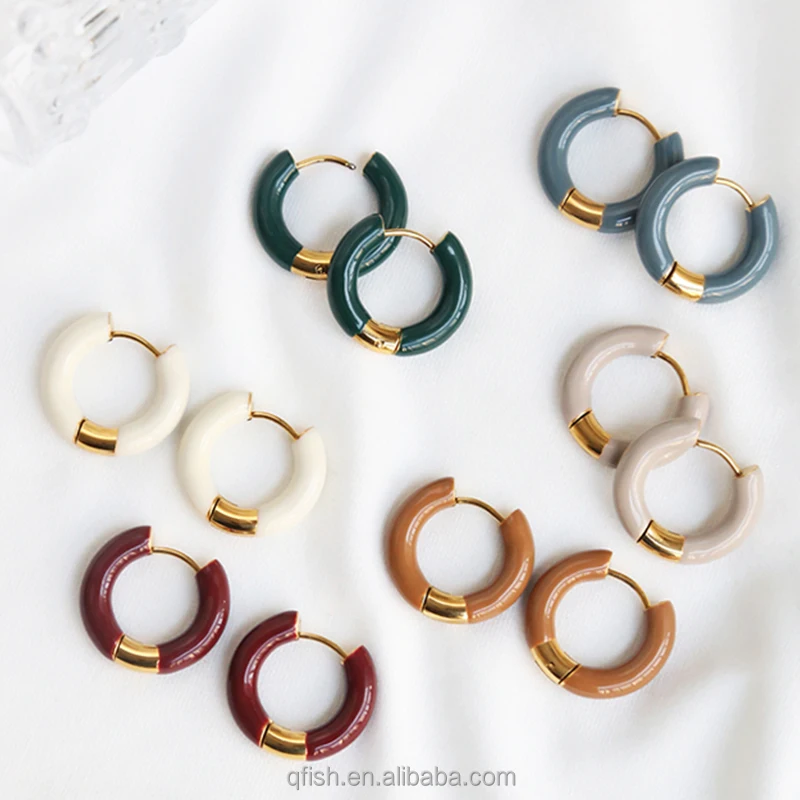 Wholesale Stainless Steel Multi Colors Circle Round Earring 18k Gold Plated Enamel Dripping Oil Hoop Earrings