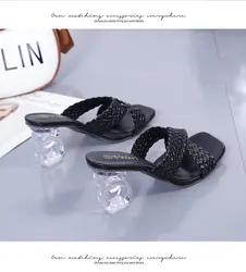 Wholesale woven high heel crystal heel womens shoes square toe slippers womens casual shoes