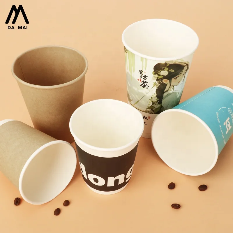 Wholesale disposable custom 8 12 16 oz kraft pe coated paper coffee cup fot hot drinks single double wall with lids
