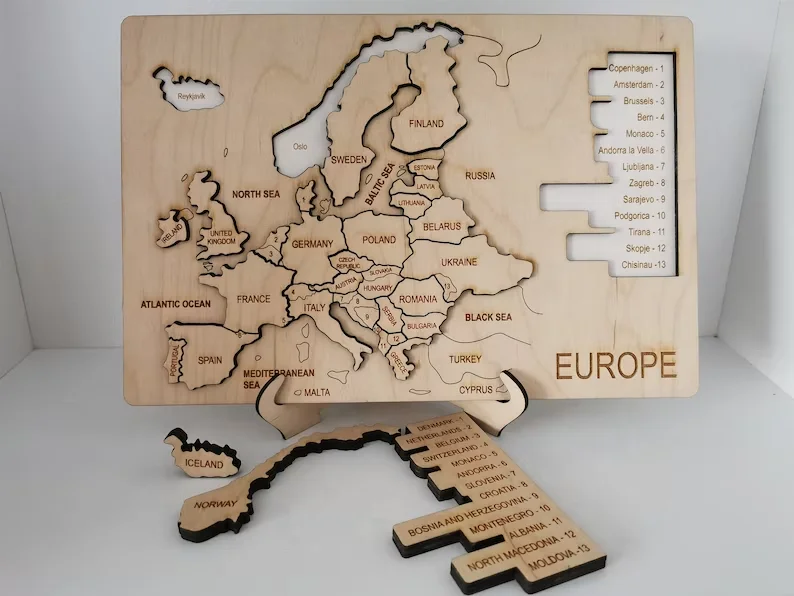 Wooden puzzle Europe map with capital Under Europe wooden map puzzle for home decor