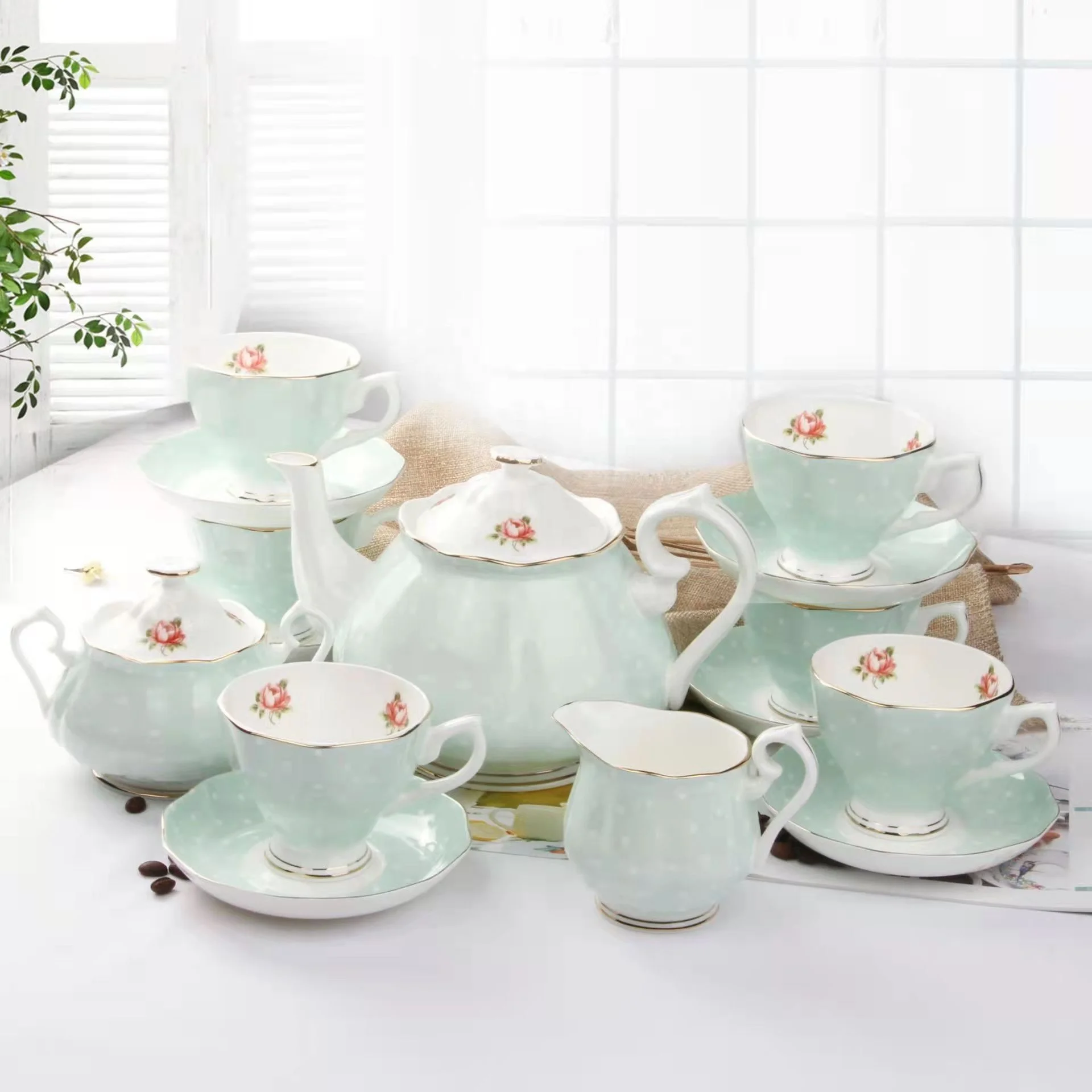Ceramic 15 Pieces Royal Albert Style Fine Bone China Porcelain Cup and Saucer Milk Sugar Pot Kettle Coffee & Tea Set
