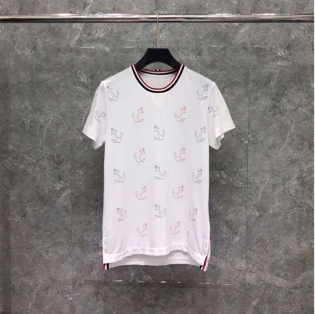 
TB THOM AND TB BROWNE Engineered Anchor Embroidery Round T-shirt Summer Cool 100%Cotton Custom 