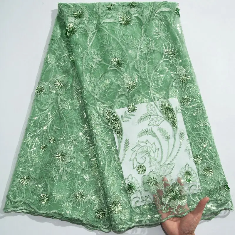 3733 Wholesale Nigerian Embroidery Shining Tulle Mesh Lace Fabric with Sequins 5 Yards African Net Lace Fabric for Party Dresses