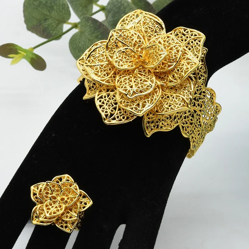 France Luxury Chain Cuff Bangle & Ring For Women Dubai Gold Color Indian Moroccan Big Bracelet Jewelry Arabic Wedding