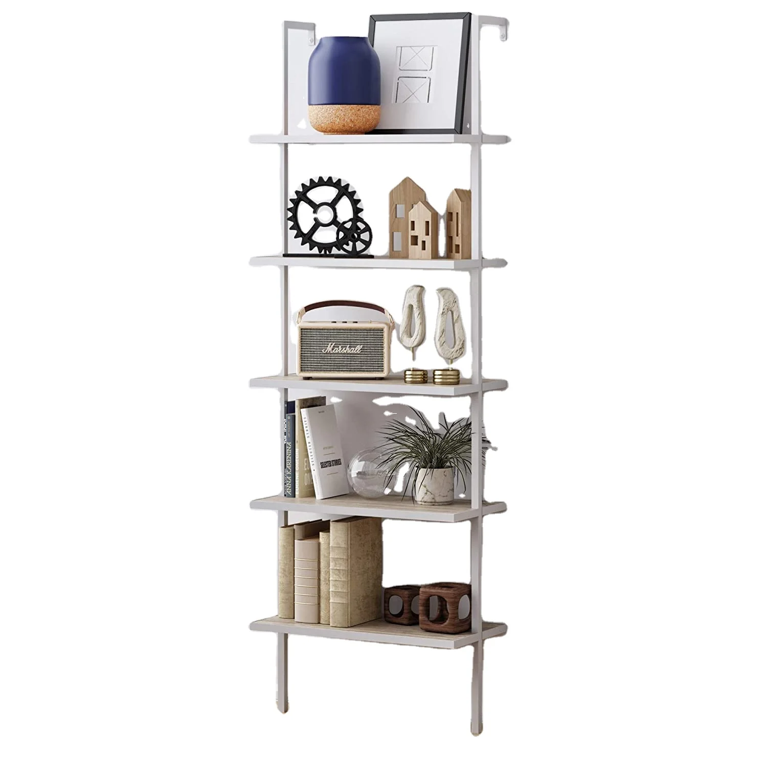 Combohome 5 Shelves Wood Ladder Bookcase  tall wood boocase modern Gray Oak White