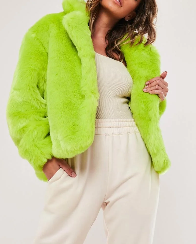 Custom color women thick winter jacket warm fleece neon green faux fur coat