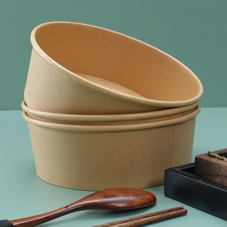 Disposable food container soup salad bowl with lid customized logo acceptable brown kraft paper bowl