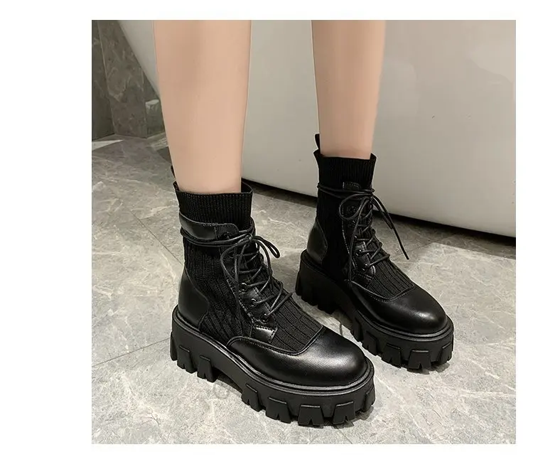 Fashion Lady Luxury Genuine Leather Platform Goth Ladies Martin High Heel Lace Up Ankle Boots Women