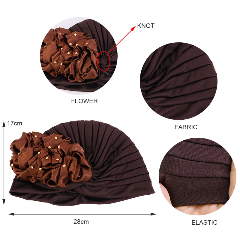 Wholesale Custom Logo Hair Accessories Muslim Big Flower Beaded Turbans Solid Color Ruffle Pre Tied Knotted Turban Cap For Women