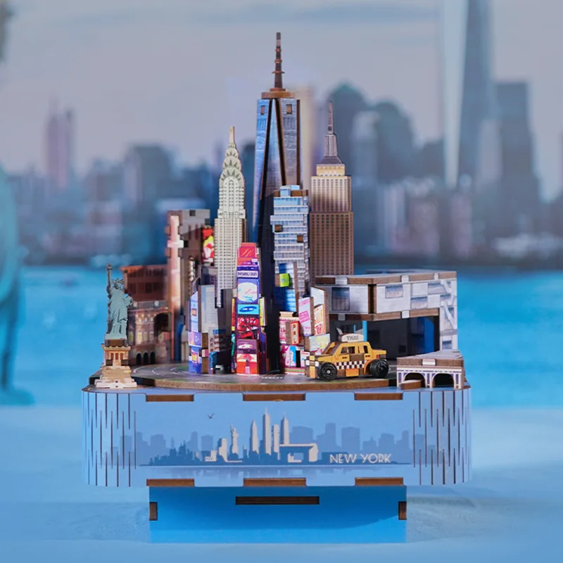 Tonecheer New York Birthday gift Dly Handmade Wooden Toys Puzzle Music City Series Music Box