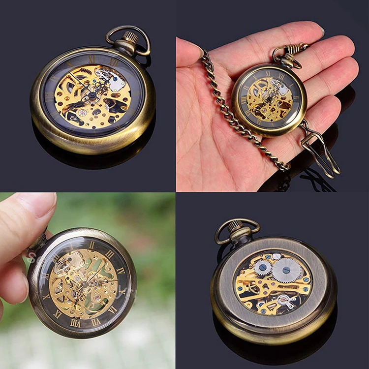 Mechanical skeleton classic old fashion for Gold Silver Bronze Open Face pocket watch with skeletal display Roman numeral