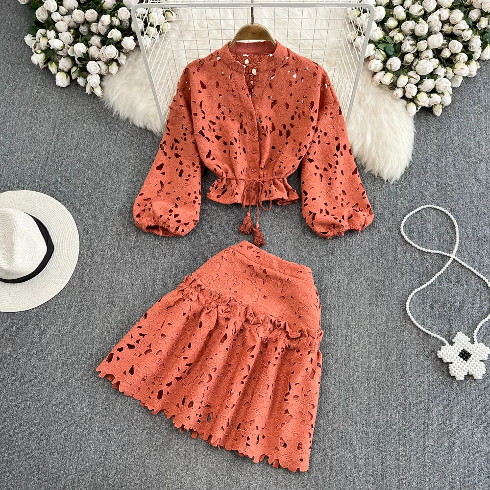 V-neck hollowed-up embroidered lantern sleeve short blouses for women two-piece set bump high waist slimming A-line skirt