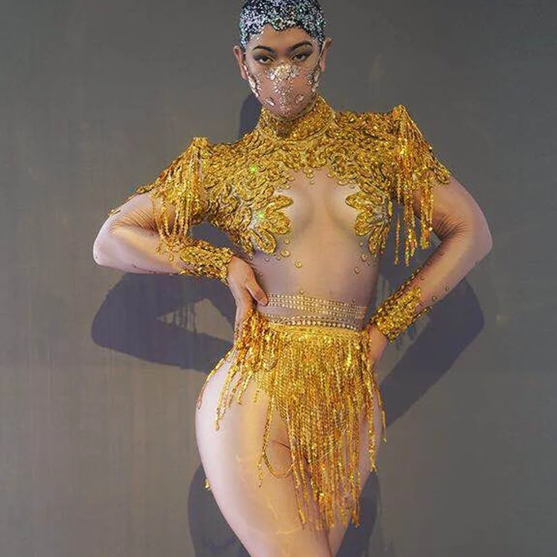 Sexy Bodysuit Sparkly Rhinestones Chains Fringes Outfit Nightclub Party Wear Costume