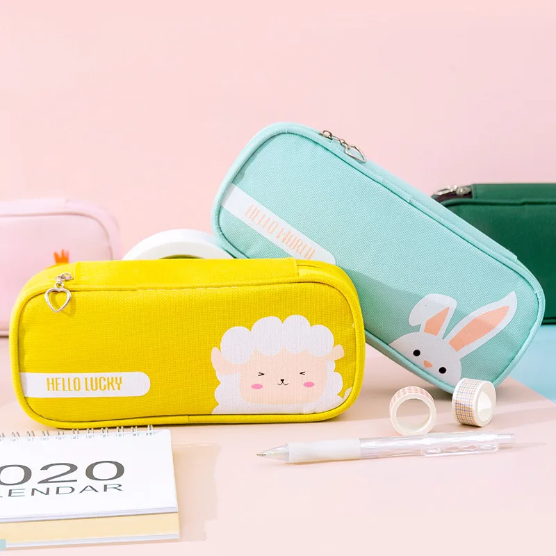 Large-capacity pencil case with handle creative and multifunctional double-layer cute school pencil case for girls