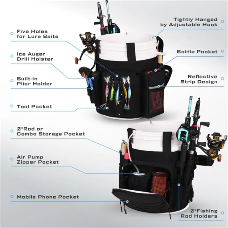Fishing Bucket Organizer for 5 Gallon Bucket Accessories, Fishing Tackle Bag with Adjustable Buckle, Fishing Gear and Equipment