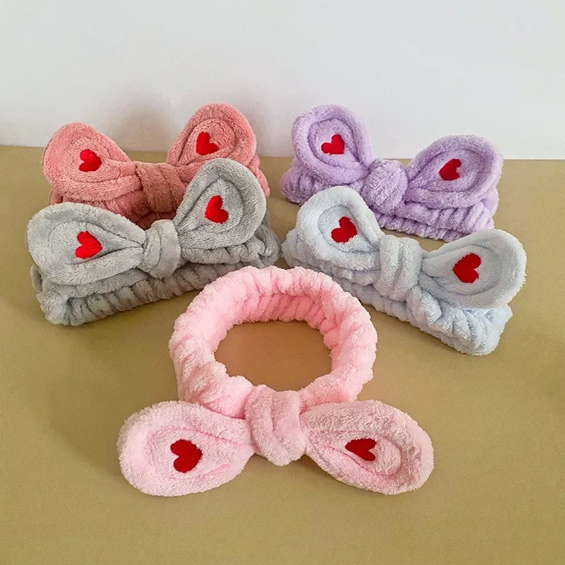 Women Fashion Lovely Soft Carol Fleece Heart Bow Makeup Cosmetic Shower Elastic Hair Band Hair Lace Headband