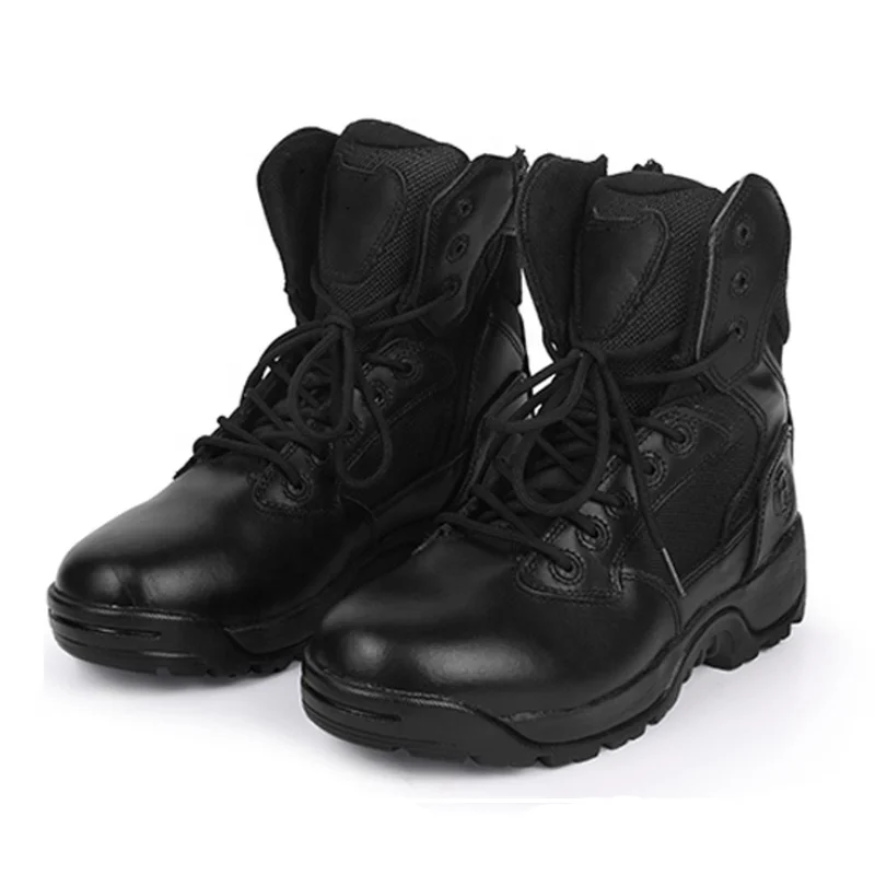 
Cemented construction anti slip black leather upper rubber sole steel toe tactical military boots shoes 