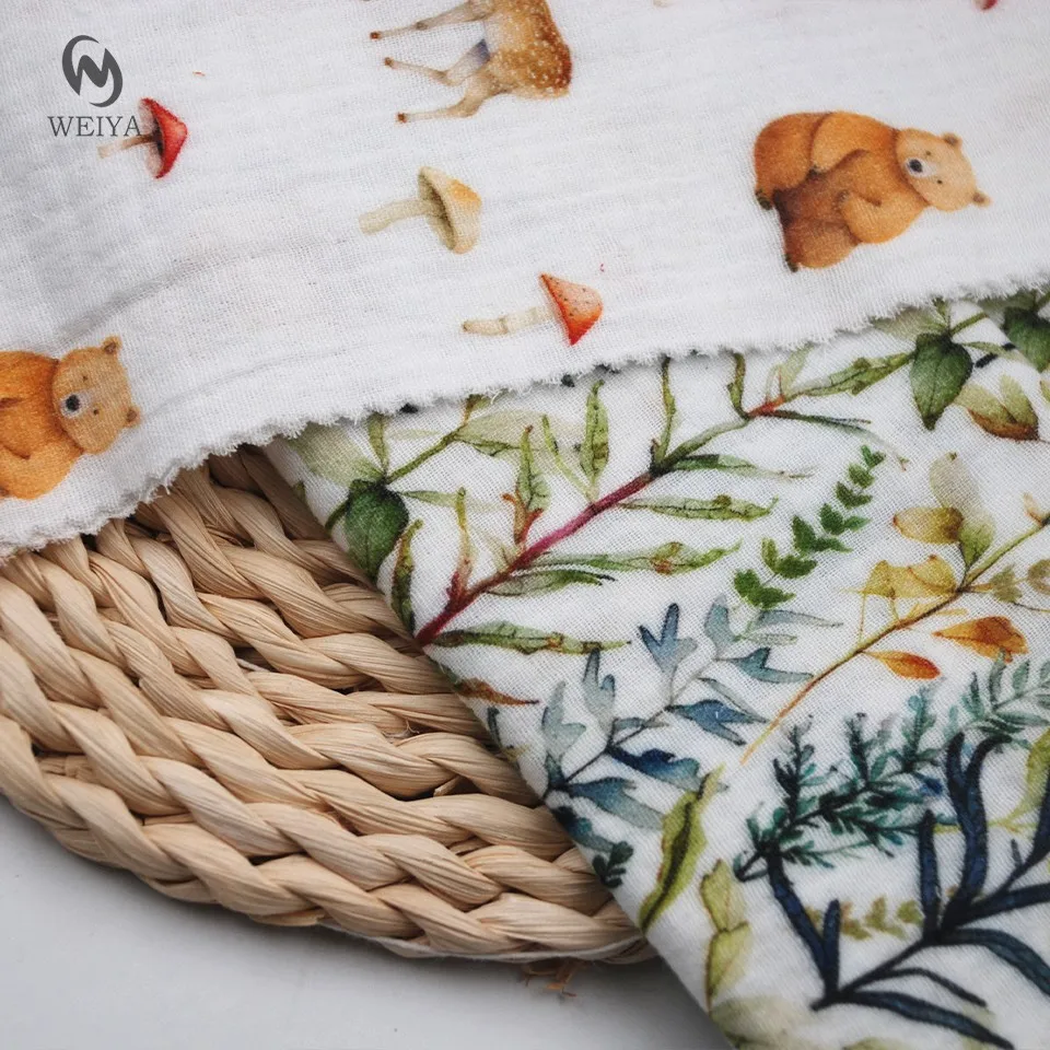 Japanese designs forest deer animal digital printing meter price crepe double gauze cotton pattern fabric