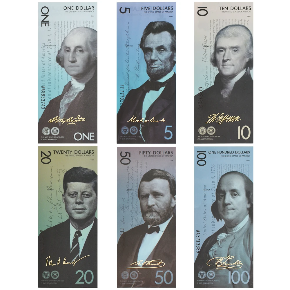 US President Commemorative Banknotes  1 , 5 , 10 , 20 , 50 , 100 Dollars with UV Effect Collection Gift