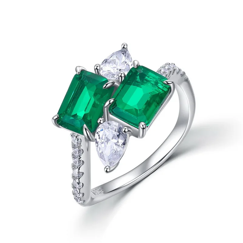 S925 Sterling Silver Rectangle Green Emerald Diamond Gemstone Gold Plating Handmade Ring Wholesale Factory Fine Jewelry