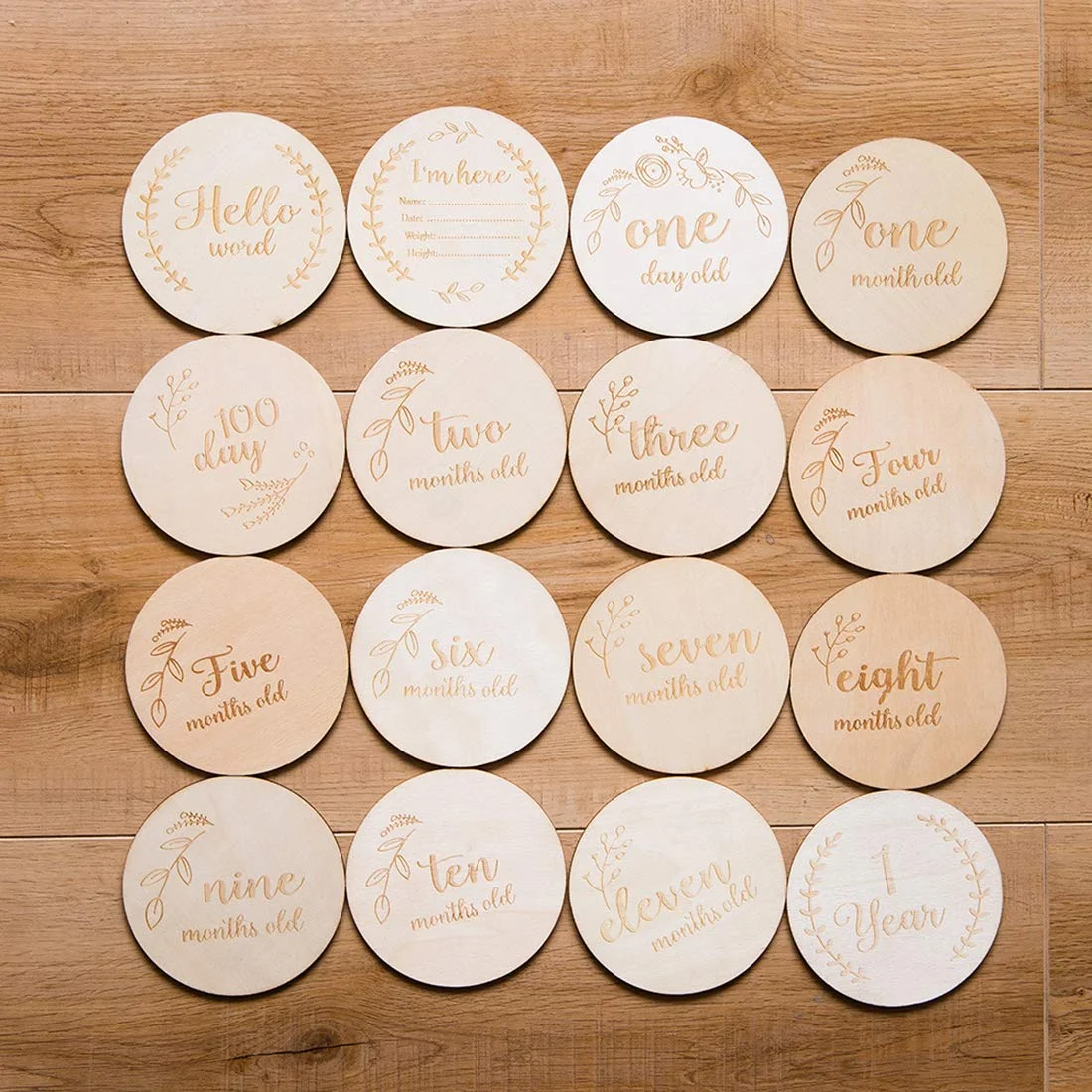 4 Inch Baby Monthly Milestone Wooden Discs 13 Double Sided Cards Newborn Photo Props Welcome Announcement Birth Gift Age Blocks