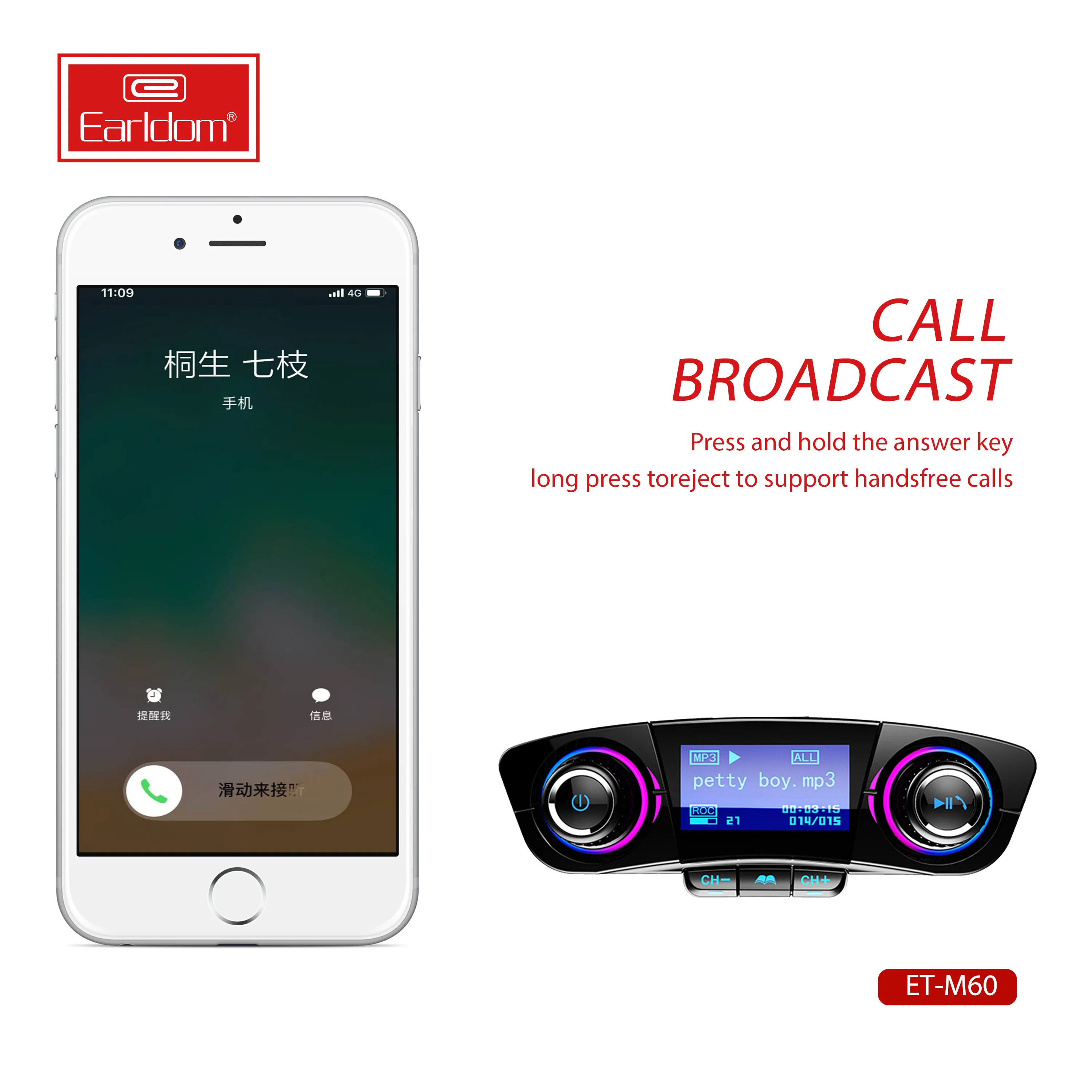 Earldom BT FM Transmitter Wireless Radio Adapter Car Kit with Dual USB Charging Car Charger MP3 Player Support TF