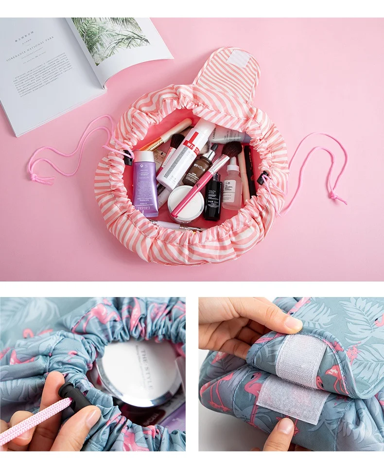 Women Polyester Capacity Lazy Drawstring Cosmetic Bag soft nylon cases  for women Travel Storage Pouch Makeup Bag