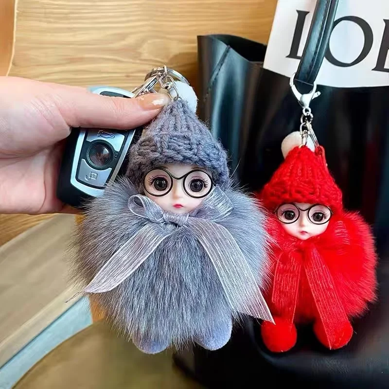 Small Fox Fur Plush Doll with Big Eyes Sleep Pendant for Car Keychain Light Keychain Schoolbag Chic Small Jewelry
