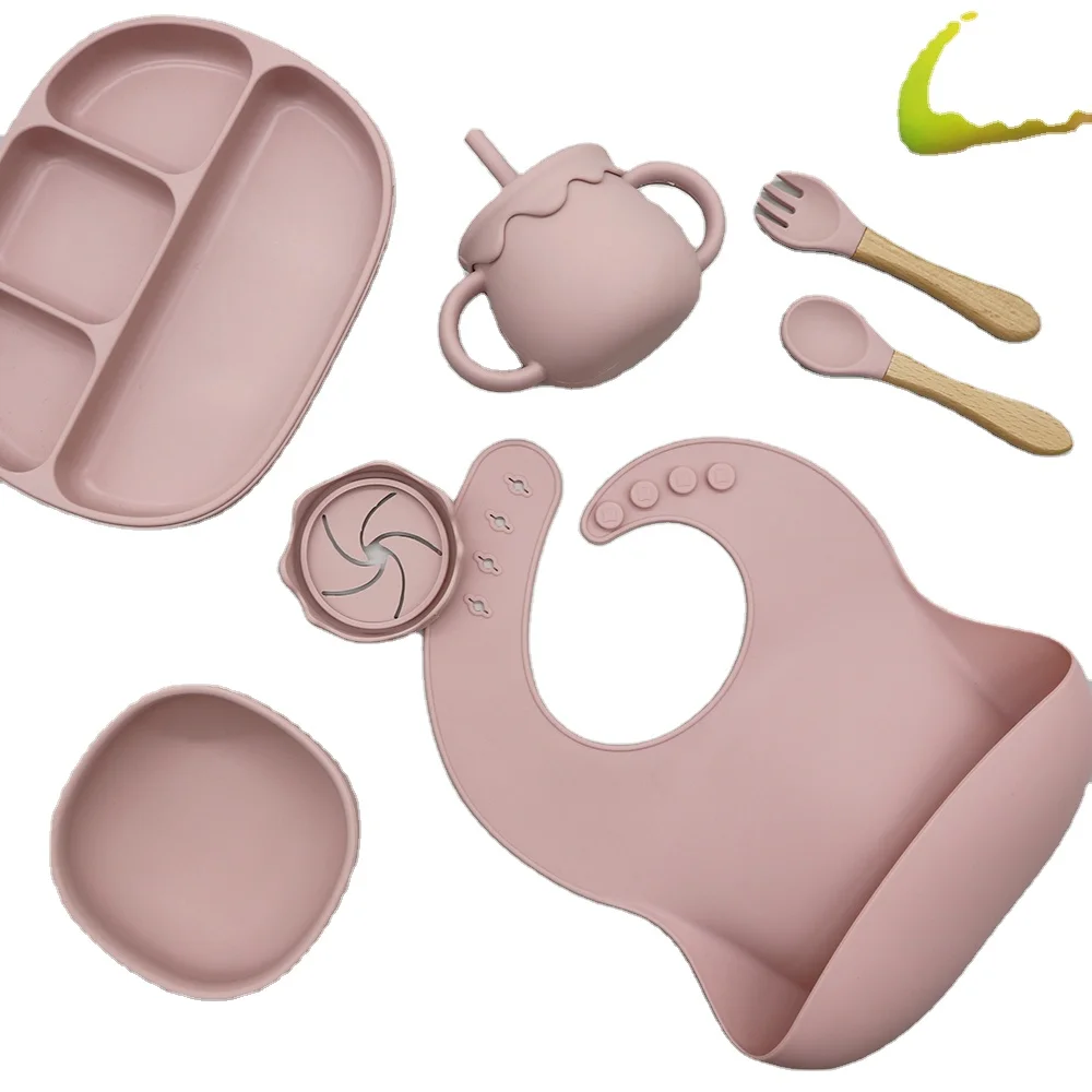 Wholesale Custom Waterproof Detachable Adjustable Food Feeding Toddler babero de silicona Baby Bib plate bowl Set