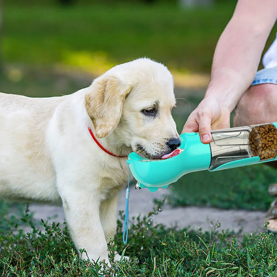 Travel Portable Pet Feeder Dog Water Bottle With Poop Bag Dispenser 4 in 1 for Dogs
