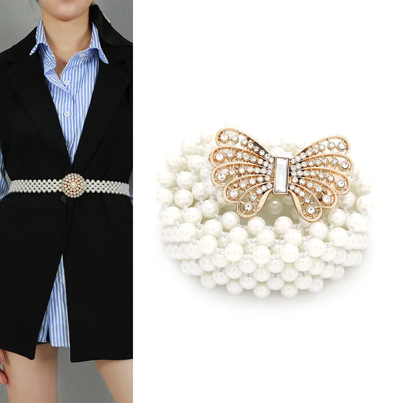 Женское платье с многорядной цепочкой, украшенной бриллиантами, украшенное жемчугом на эластичном поясе с бусинами