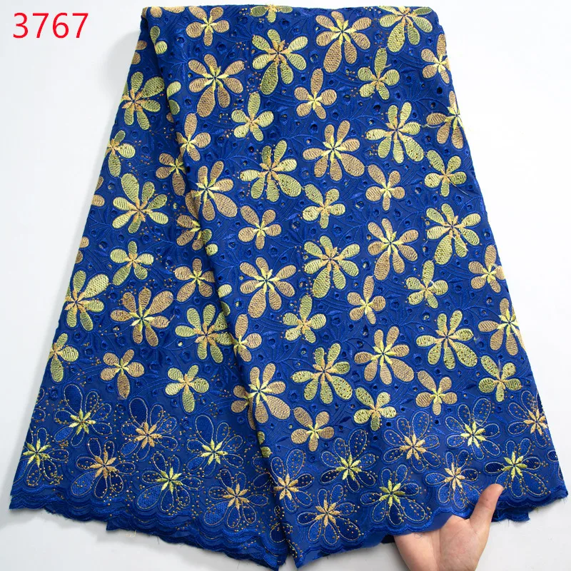 3767 High Quality Nigerian Cotton Embroidered 2024 Swiss Voile Lace 5 Yards African Lace Fabric With Crystals Dresses for Women