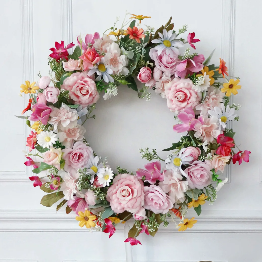 48CM Artificial Rose Flower Wreath for Wedding Door Decorations Silk Rose Peony Flowers Wreath Artificial