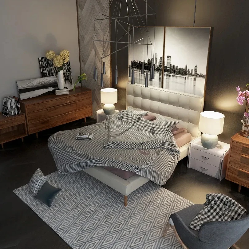 Luxury Cream Style Finnish Wood King Size Bedside with Tatami Backrest Storage Bedroom Furniture for Hotels and Villas