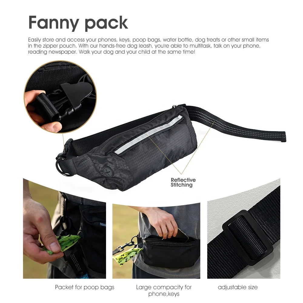 Dropshipping Hands Free Waist Bag Shock Absorption Reflective Retractable Double Pet Dog Leash