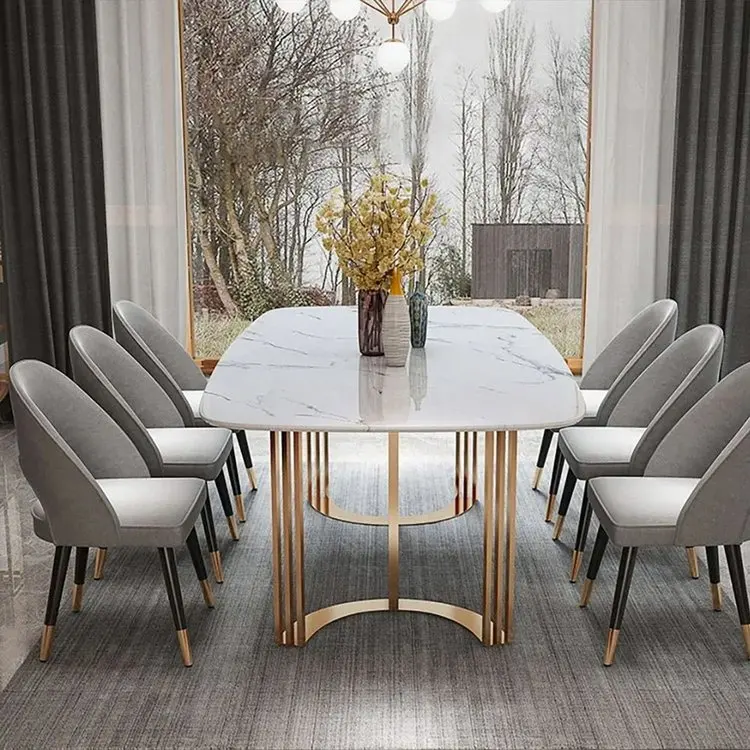 Wholesale Modern Luxury Dining table set Rectangular Top Stainless Steel Base Marble Dining Table