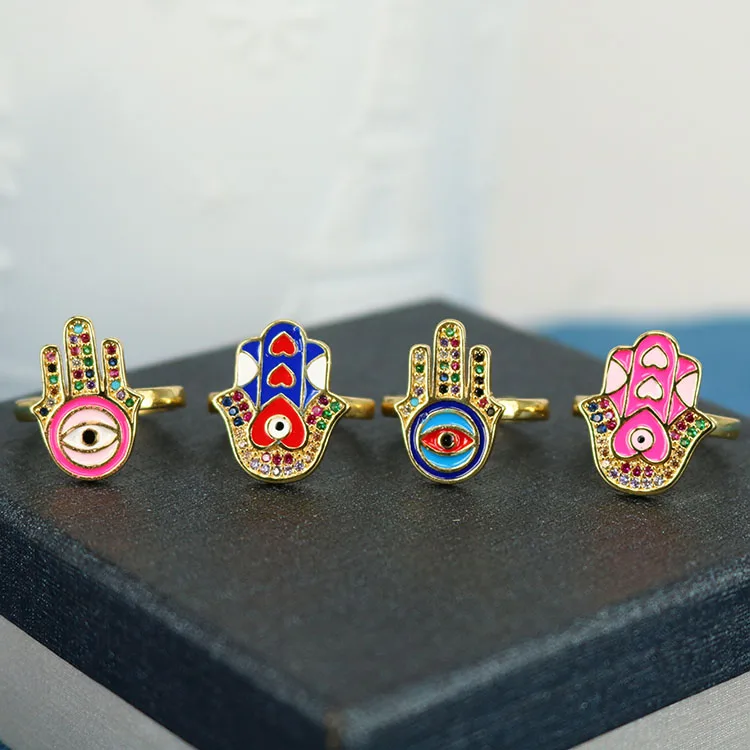 Popular Chic Rainbow Enameled Evil Eyes Hamsa Hand CZ Micro Pave Finger Rings for women