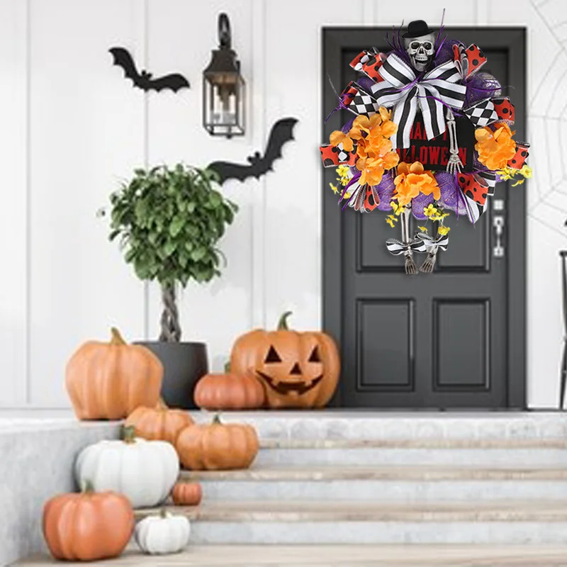 Halloween Skull Wreath With Bow Decoration Front Door Decor Window Door Hanging Skull Garland Horror Atmosphere Layout Prop