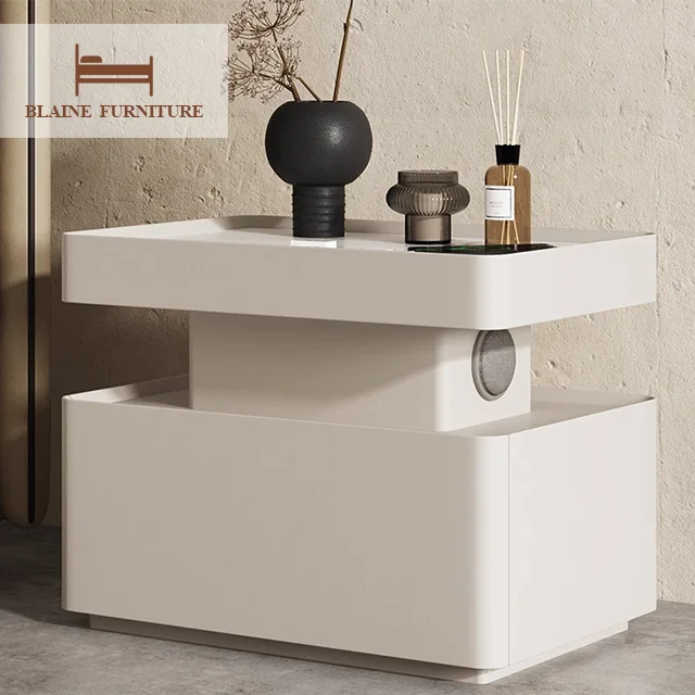 Smart Microfiber Multi-functional Bedside Table Home Furniture Bedroom Modern Slate Top Nightstand Bedroom Cabinet Solid Wood