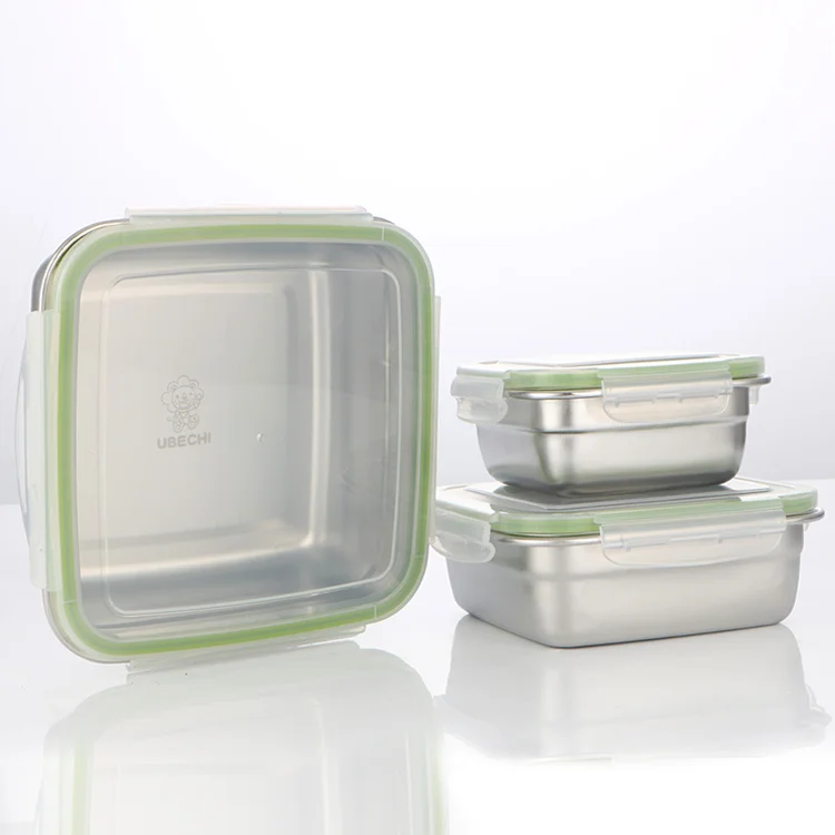 400ml/750ml/1200ml Stainless steel square food storage bins with airtight lid