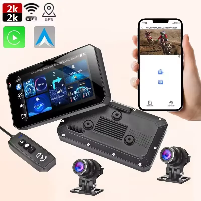 5 Inch Wireless Motorcycle Carplay Motorbike Android Auto Waterproof Dual Cameras 2K WIFI GPS Dashcam