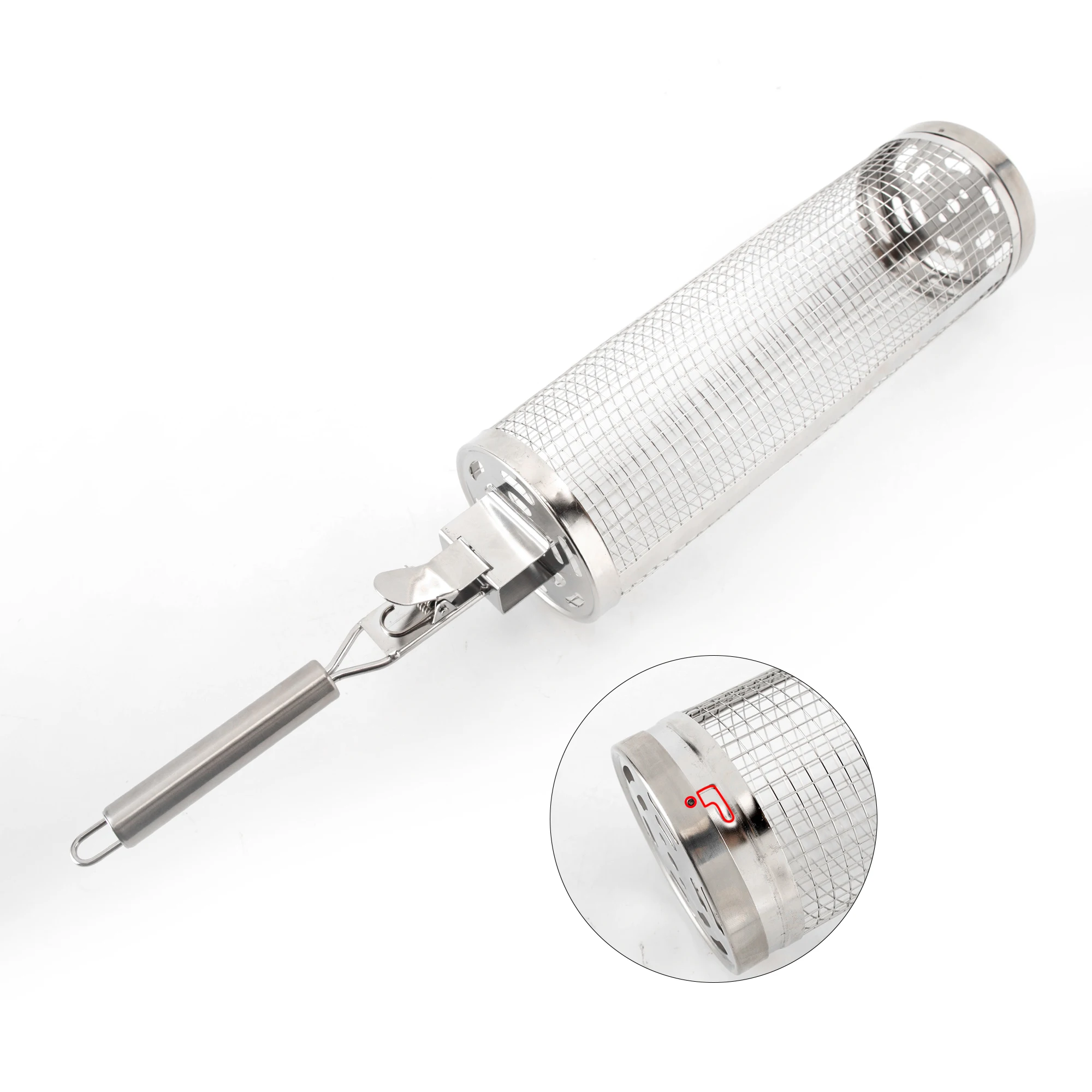 new product ideas 2024 Round Shape Stainless Steel rolling basket grilling with wood removable handle