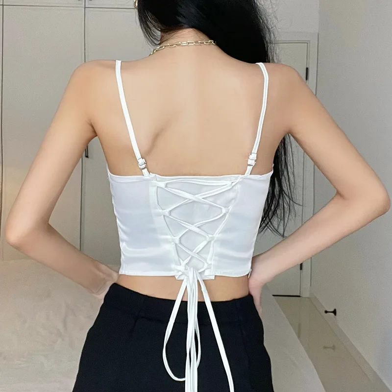 2024 New trending sexy off-neck knotted short satin vest hot girl all-matching tank top women